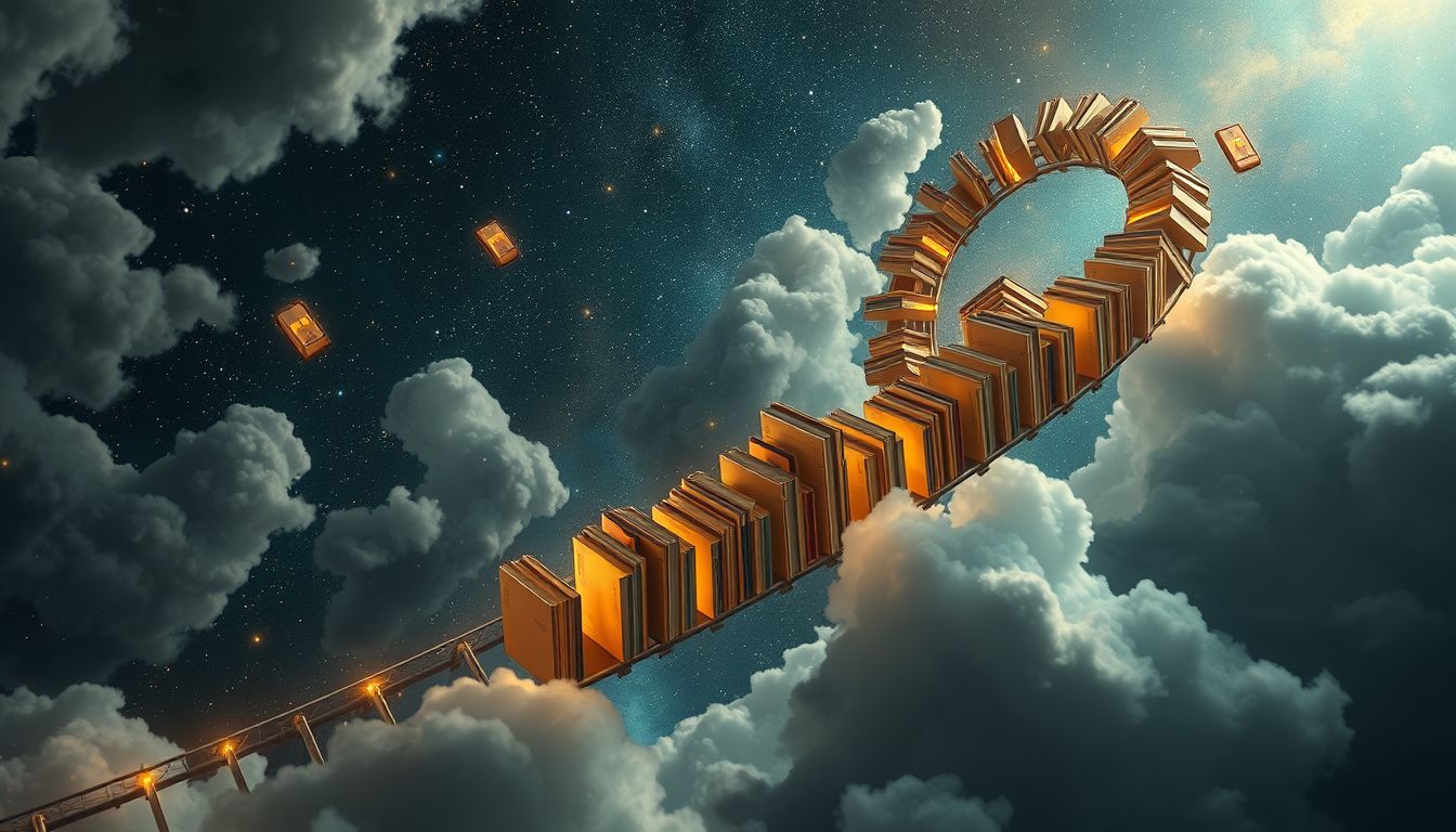 Eine Bücher-Achterbahn symbolisiert aufregende Wissens- und Gefühlsreisen.