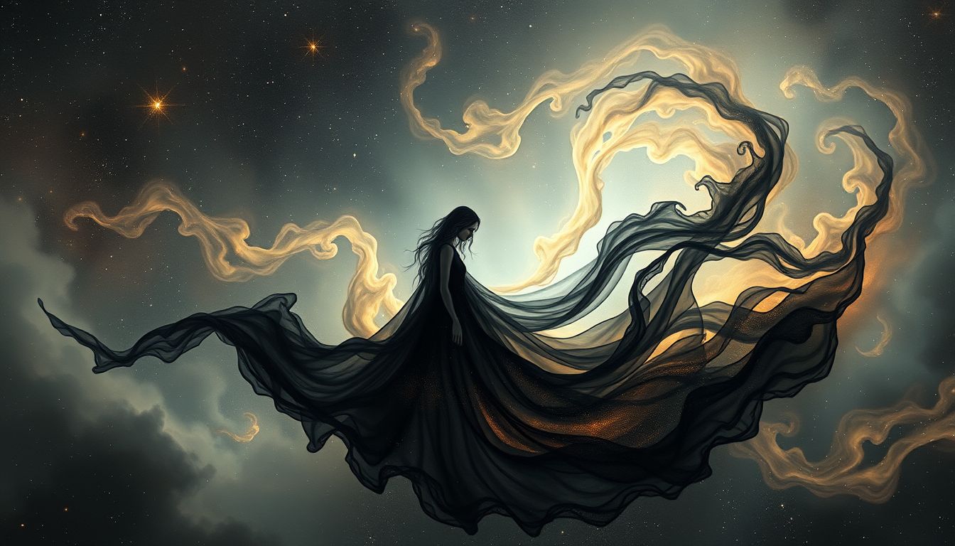 Das schwarze Kleid symbolisiert Trauer und verborgene innere Wandlung.