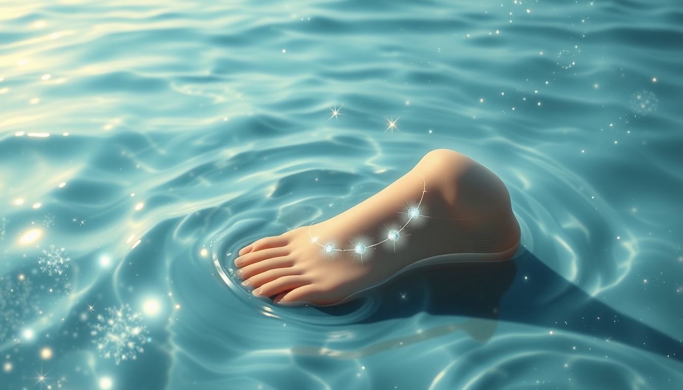 Ein Fußkettchen im Wasser symbolisiert emotionale Reinigung und Freiheit.