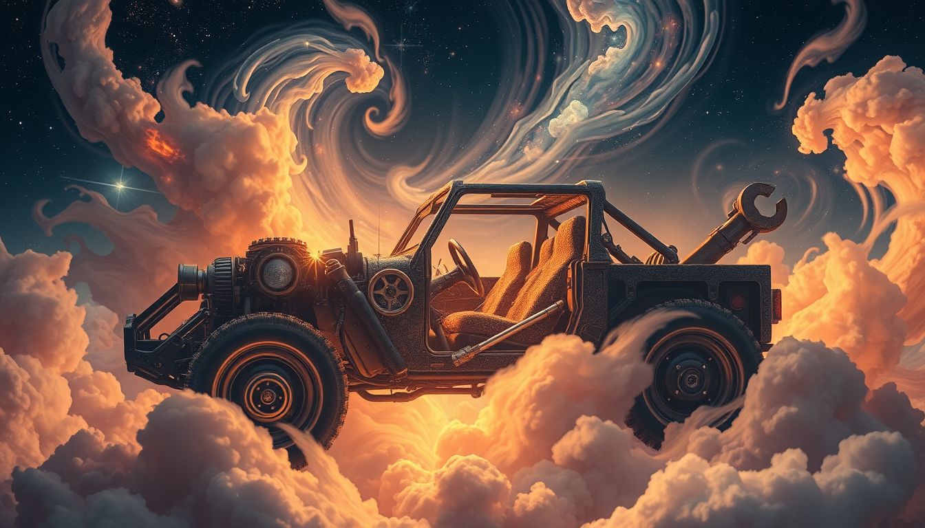 Einen Geländewagen reparieren symbolisiert Selbstvertrauen und Problemlösungskraft im Traum.