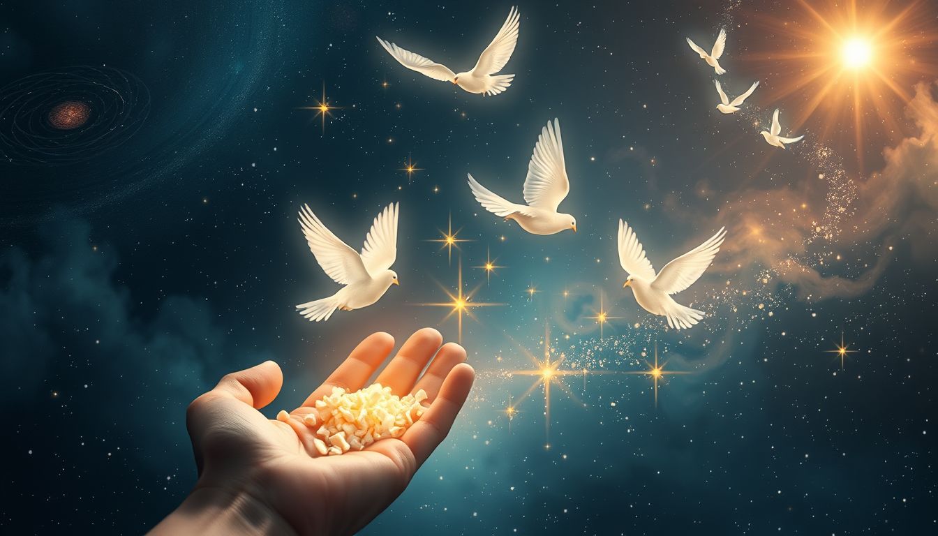 Krumen für Vögel symbolisieren Mitgefühl und selbstlose Hilfsbereitschaft.