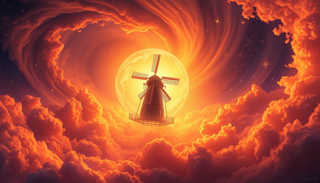 Ein Sonnenuntergang mit Windmühle symbolisiert Hoffnung und Transformation.
