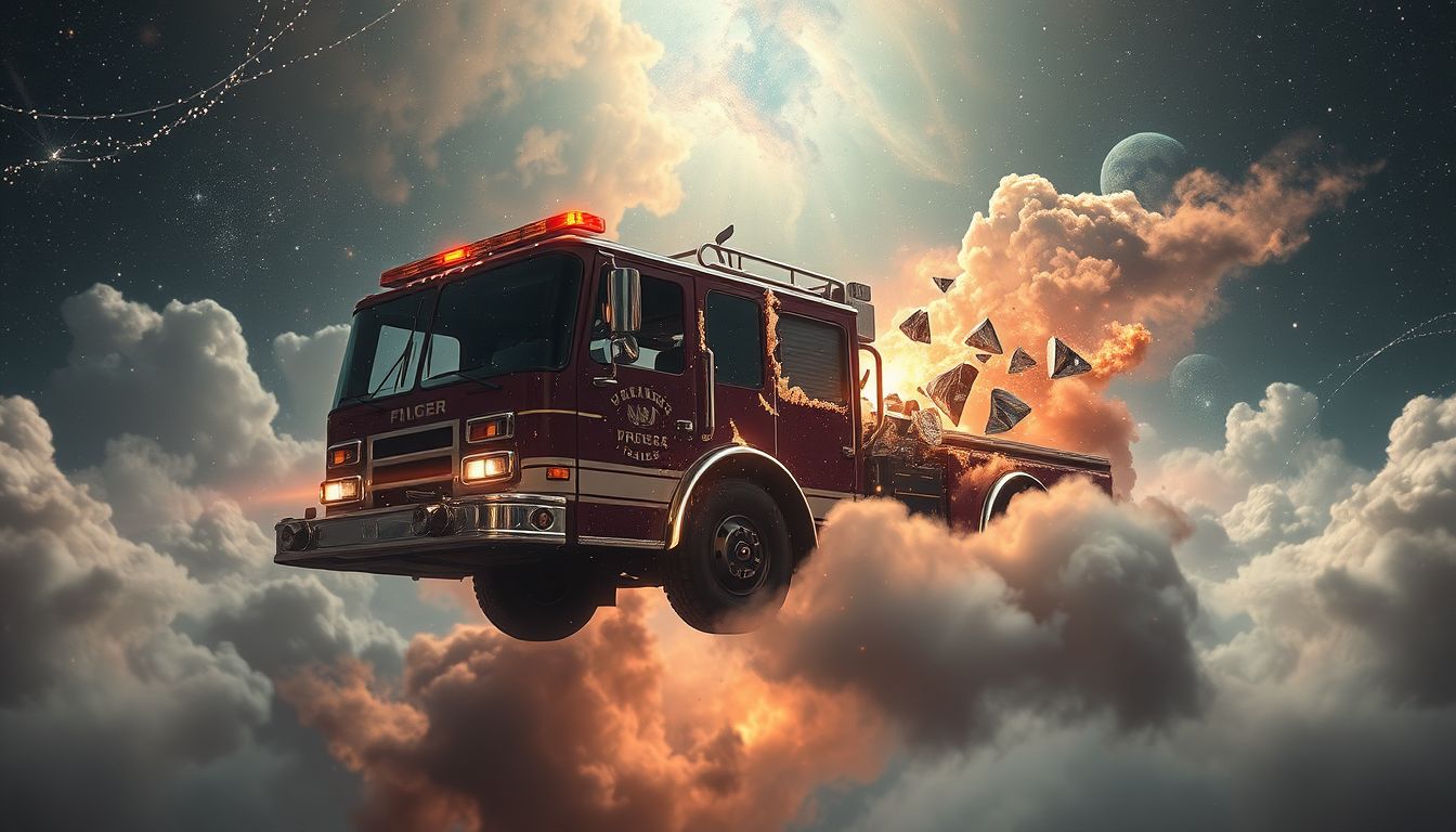 Ein verunglücktes Feuerwehrauto symbolisiert unerwartete Hindernisse im Leben.