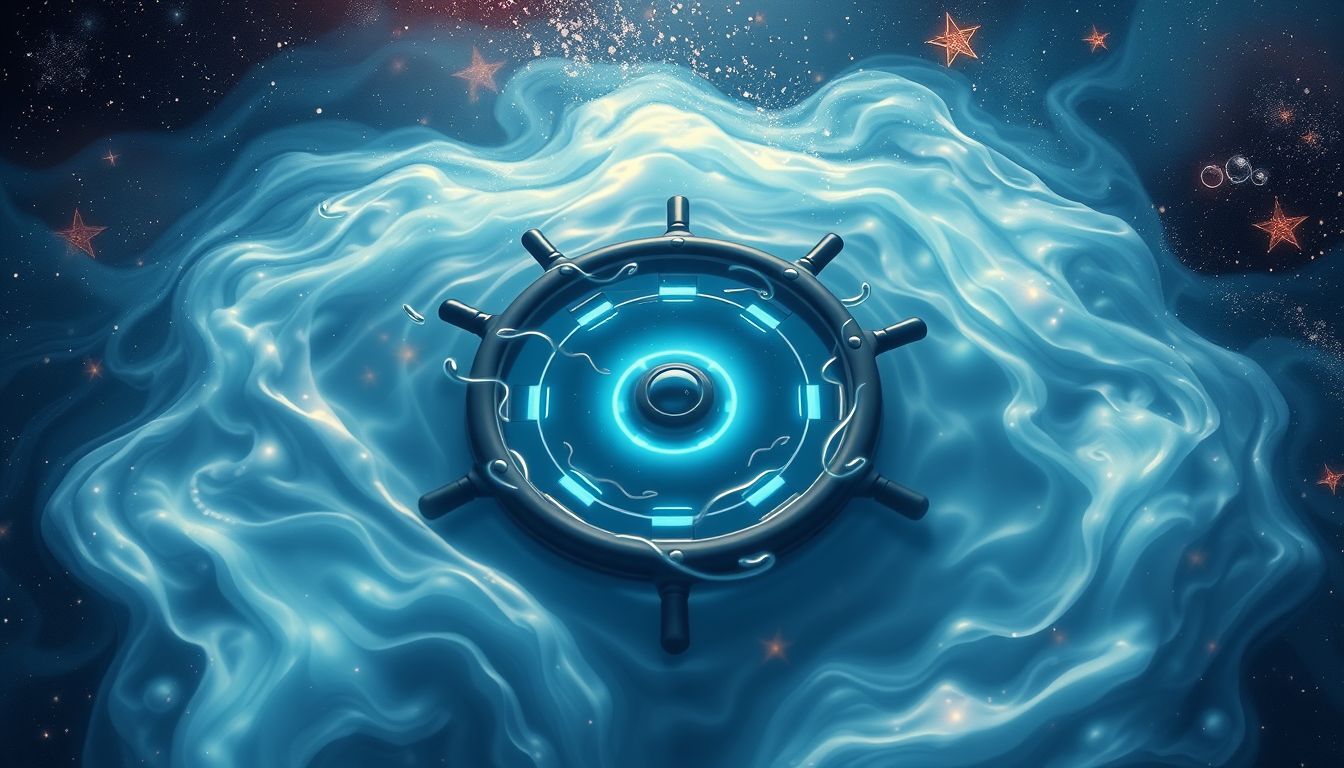 Ein Lenkrad unter Wasser symbolisiert unterdrückte Kontrolle und Emotionen.