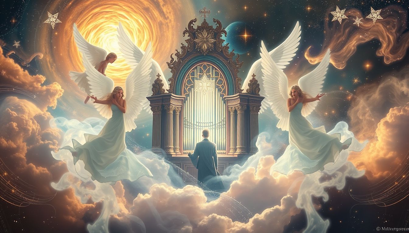 Ein Organist mit Engeln symbolisiert göttliche Führung und Harmonie.