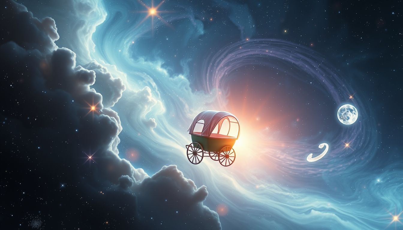 Ein fliegender Karren symbolisiert unerwartete Freiheit und neue Perspektiven.