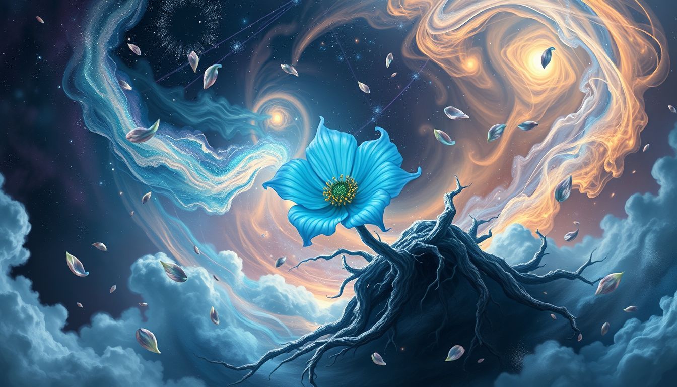 Eine blaue Kamassie symbolisiert Hoffnung, die durch Sturm erschüttert wird.