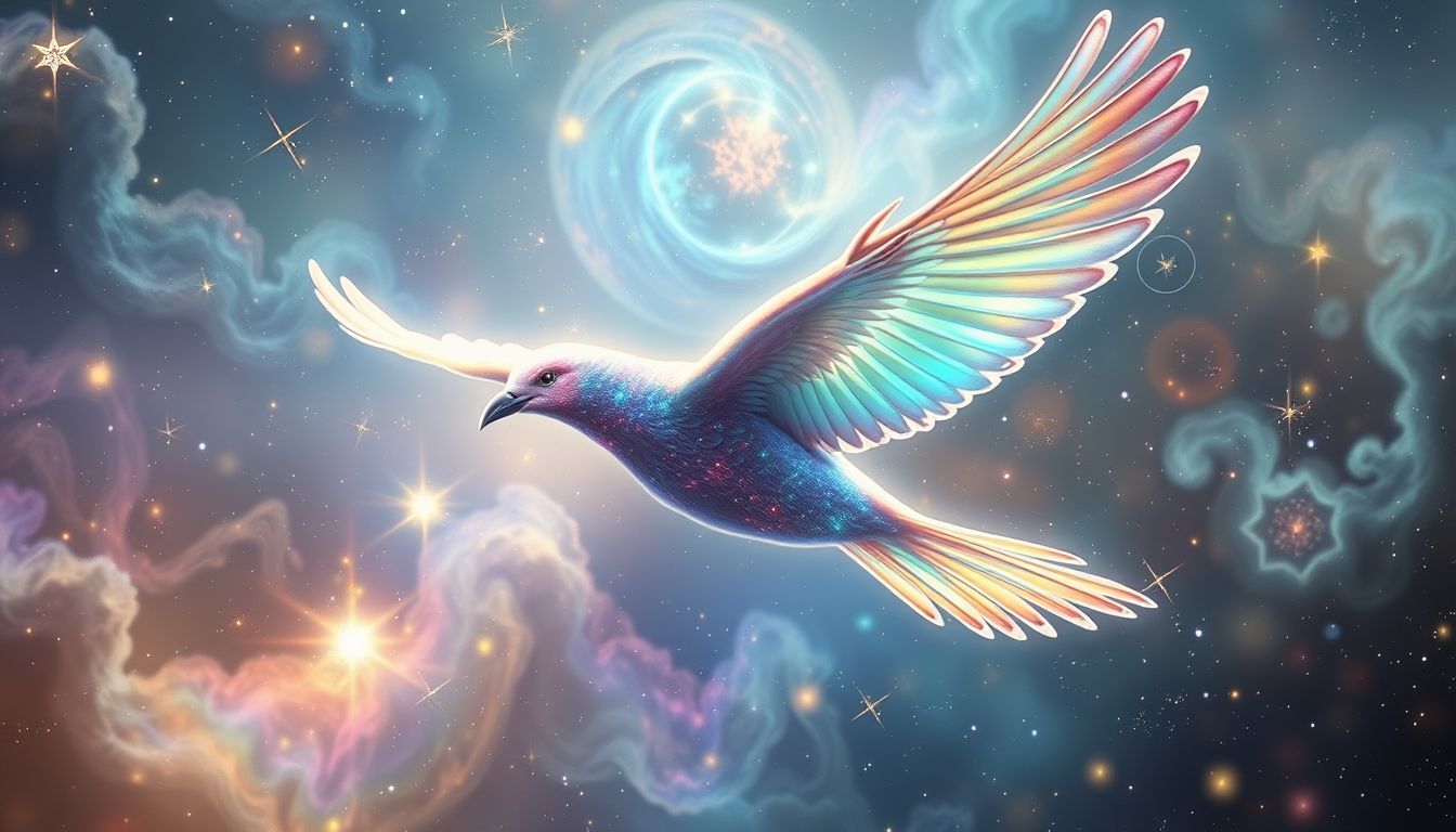 Ein schillernder Vogel symbolisiert Freiheit und spirituelle Erneuerung im Traum.
