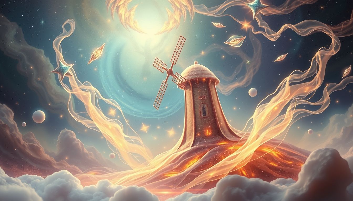 Eine wandelnde Windmühle symbolisiert Veränderung und innere Transformation.