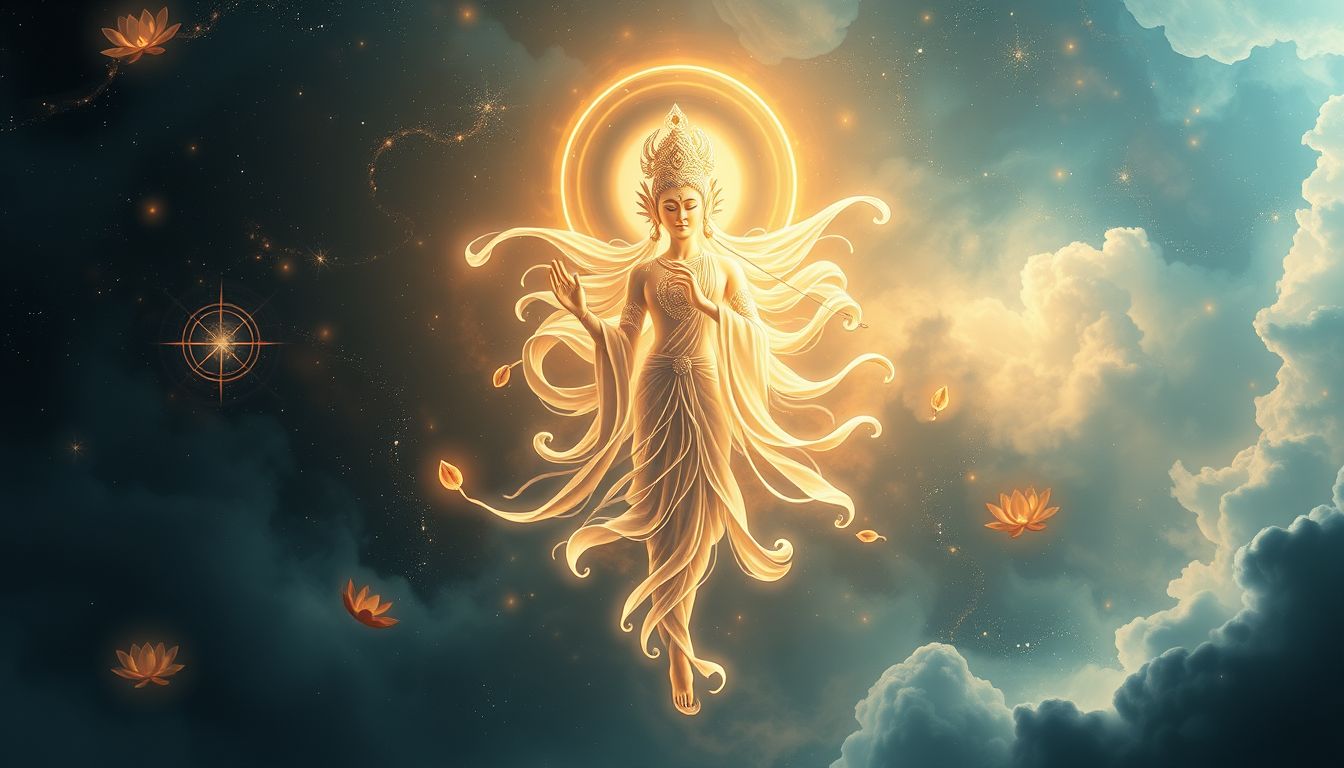 Eine östliche Gottheit symbolisiert spirituelle Erleuchtung und innere Kraft.