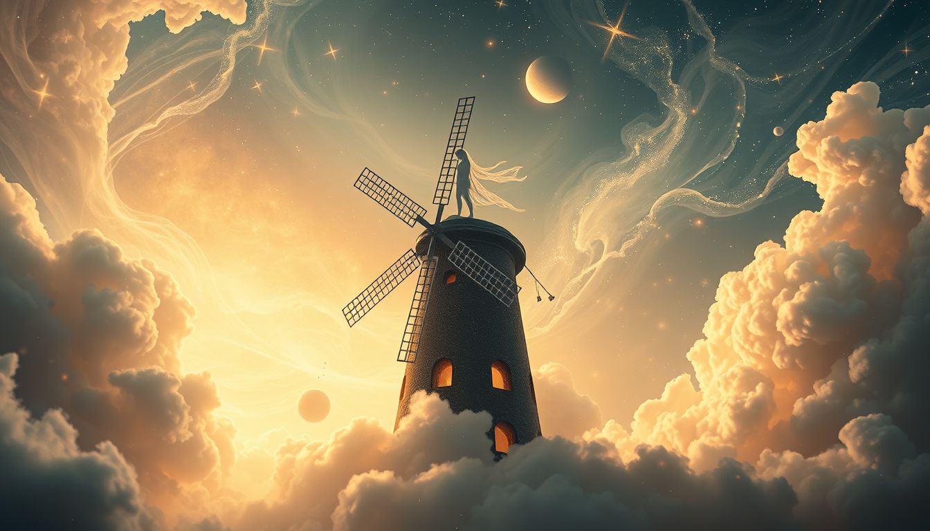 Auf einer Windmühle stehen symbolisiert Kontrolle über eigene Lebenssituation.