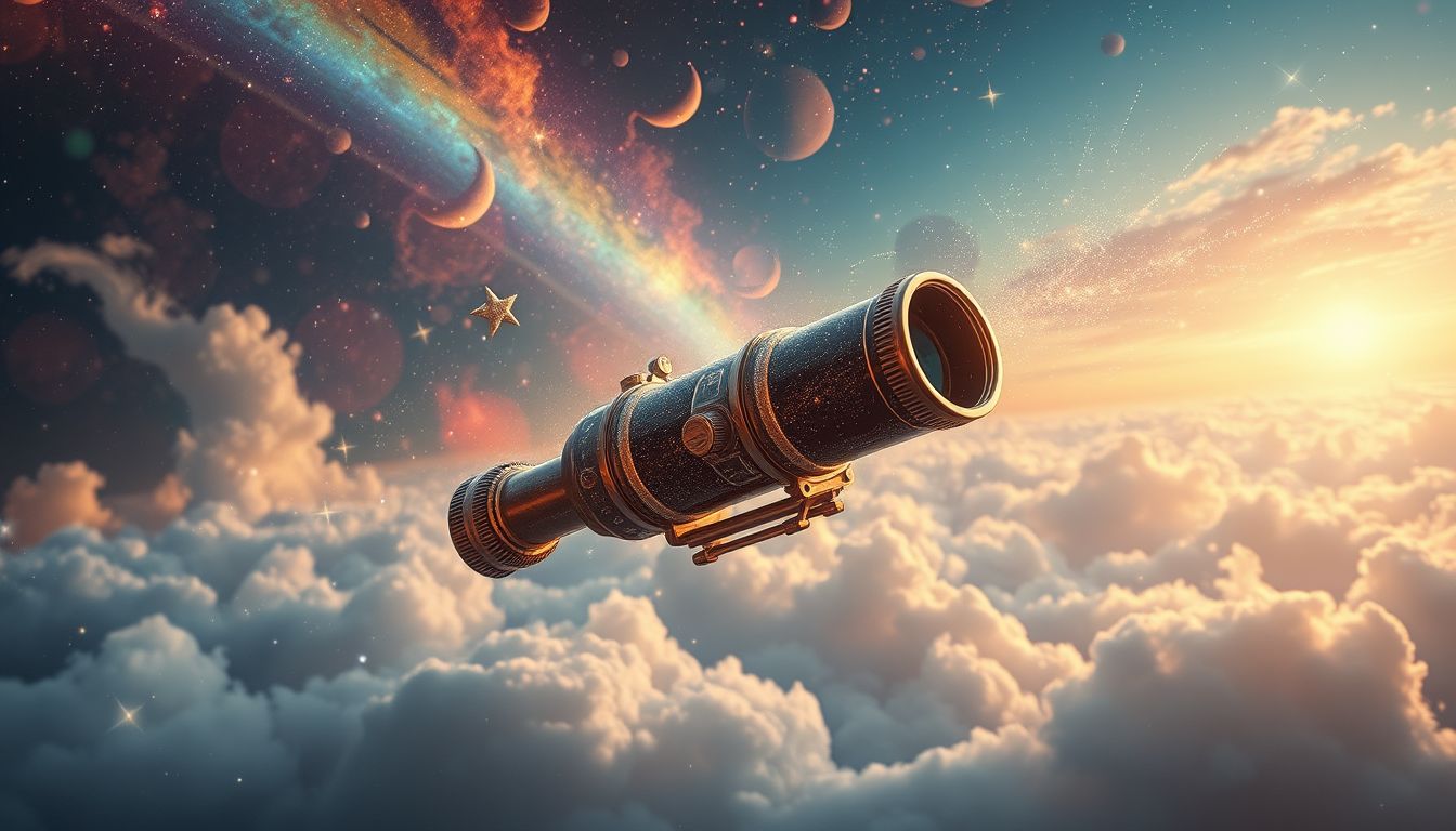 Ein fliegendes Fernrohr symbolisiert die Sehnsucht nach Freiheit.