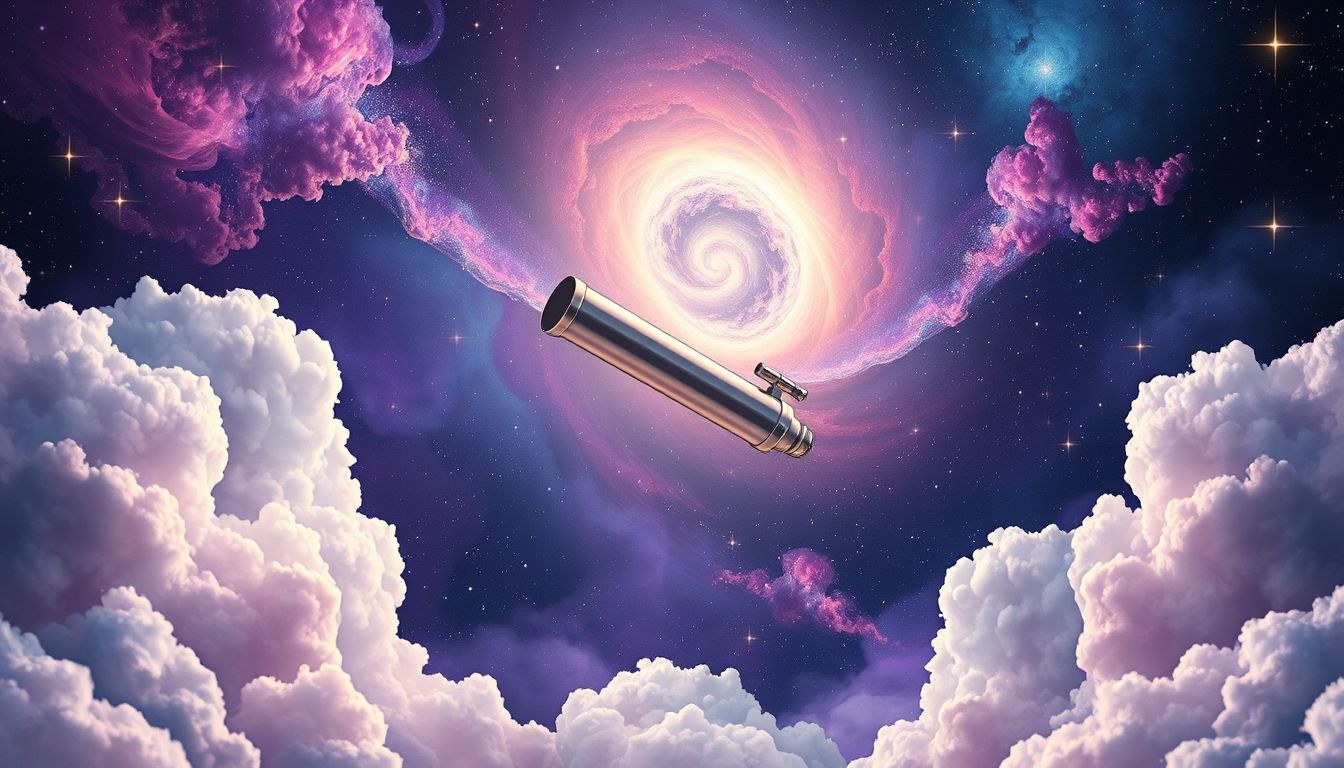 Ein schwebendes Fernrohr symbolisiert Sehnsucht nach Wissen und Entdeckung.