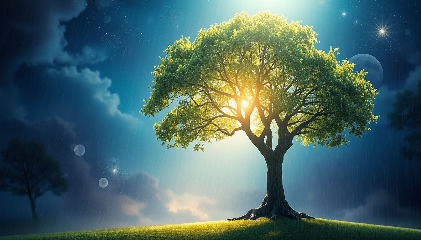 Baumumarmungen im Regen symbolisieren emotionale Erneuerung und Schutz.