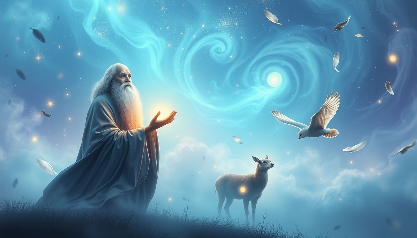 Der Großvater und Tiere symbolisieren Weisheit und natürliche Instinkte.