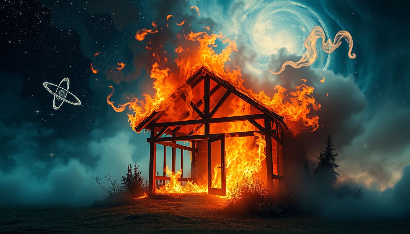 Ein brennendes Gartenhaus symbolisiert radikale Veränderung und Neuanfang.