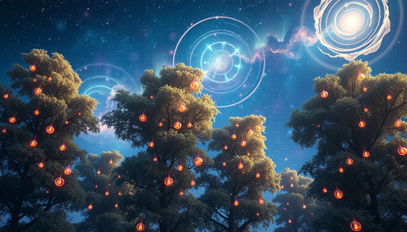 Schotenfrüchte am Baum symbolisieren Wachstum und zukünftige Ernte.