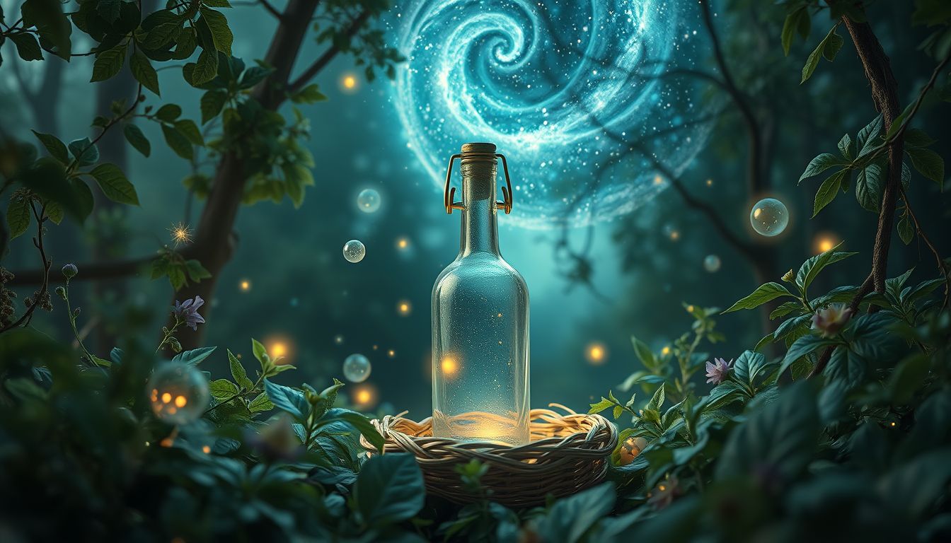 Eine Korbflasche im Wald symbolisiert geheime Wünsche und Naturverbundenheit.