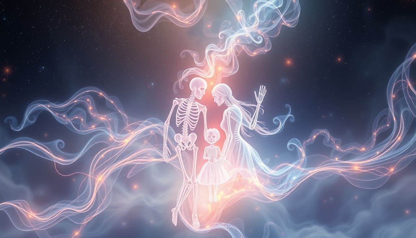 Ein Knochenmann als Familienmitglied symbolisiert verborgene Schuldgefühle.