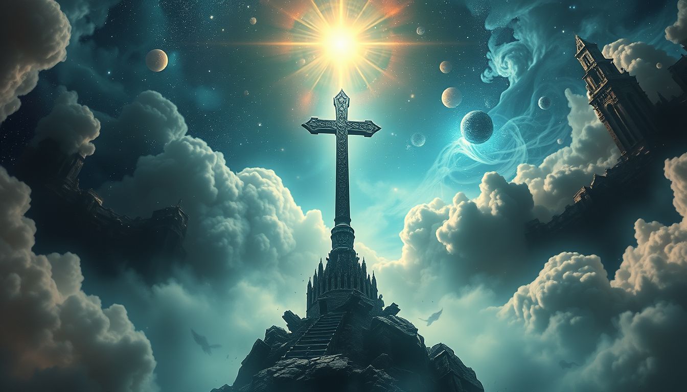 Ein zerstörtes Turmkreuz symbolisiert verlorene Hoffnung und Glauben.