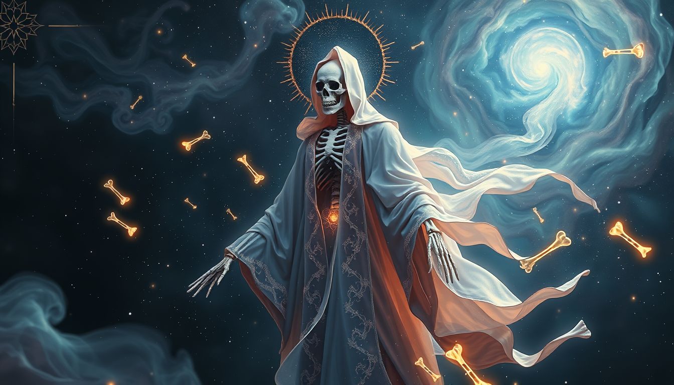 Ein Knochenmann als Priester symbolisiert spirituelle Reinigung und Wandel.