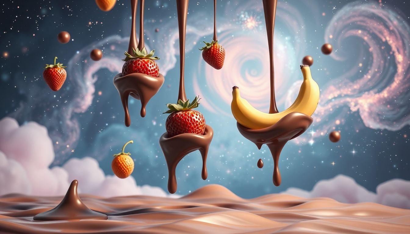 Obst in Schokolade symbolisiert süße Versuchungen und Genuss.