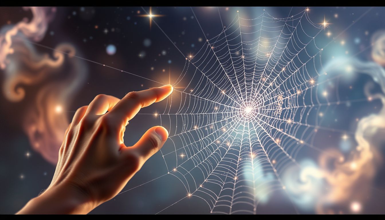 Spinnennetze symbolisieren oft verwobene Beziehungen und Lebenssituationen.
