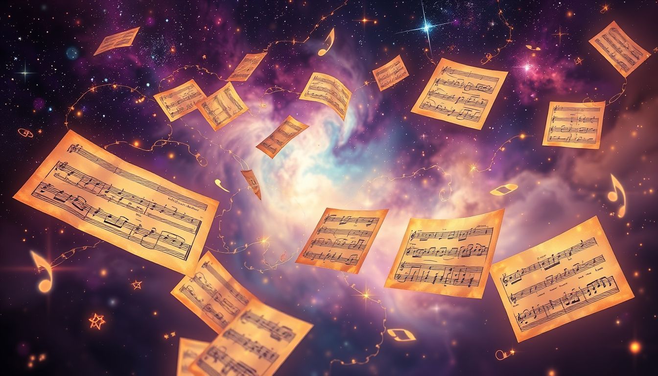 Viele Notenblätter symbolisieren kreative Möglichkeiten und emotionale Freiheit.